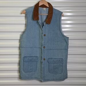 VTG 90’s Orvis Denim Utility Vest Barn Field Coat Safari Suede Collar Women’s L